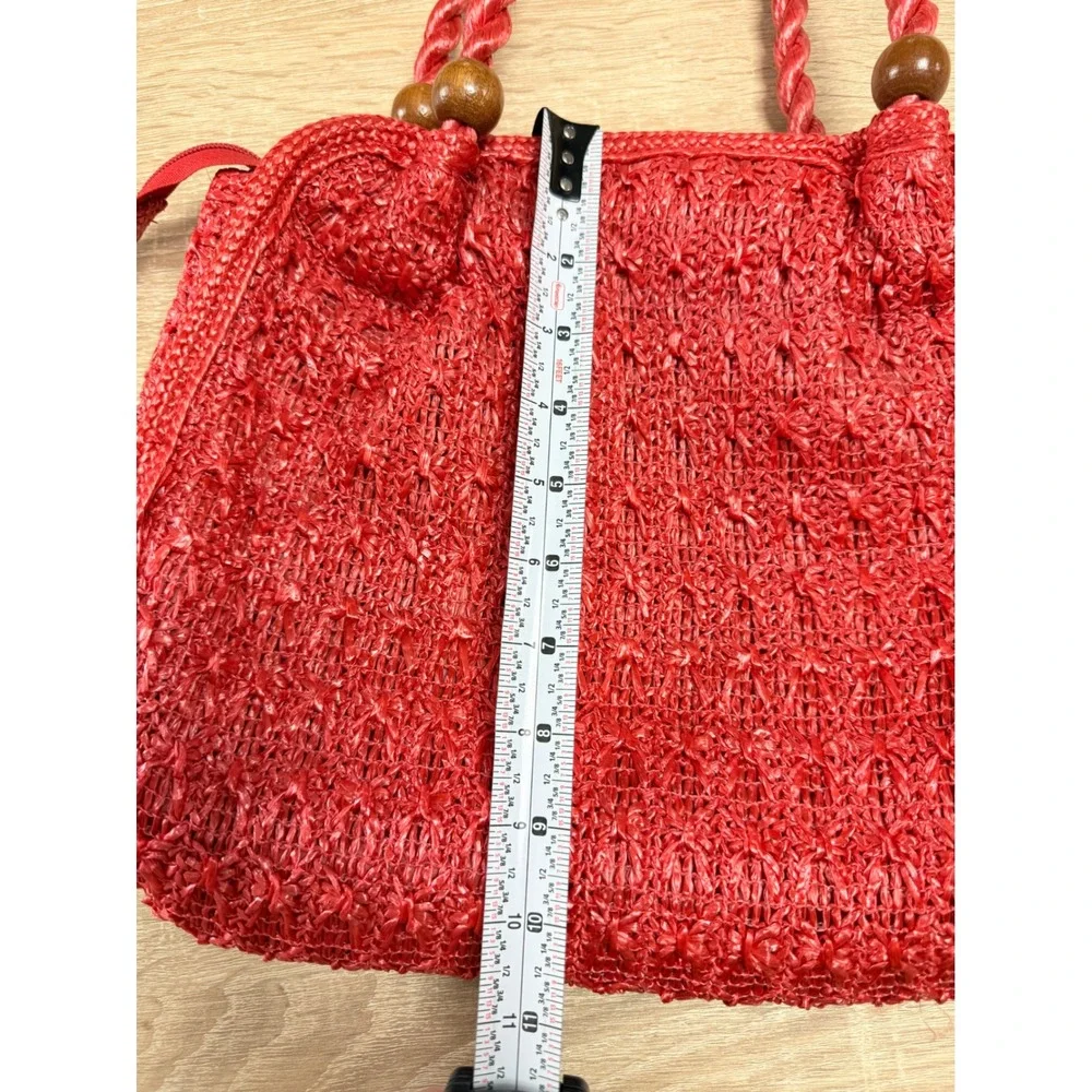 The Last Straw Holiday Fair Inc Red Woven Straw Handbag Wood Bead Rope Handle